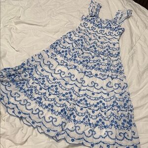 Rare Editions White Dress with Blue Embroidery